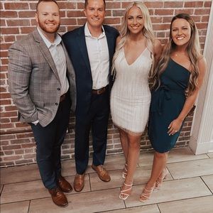 Romantic green one shoulder dress with a slit. Size Small